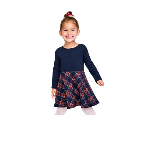 Baby Girl Plaid Bow Back Skater Dress- Navy Blue