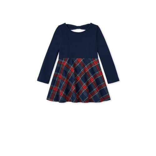 Baby Girl Plaid Bow Back Skater Dress- Navy Blue