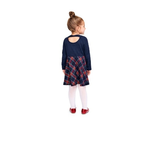 Baby Girl Plaid Bow Back Skater Dress- Navy Blue