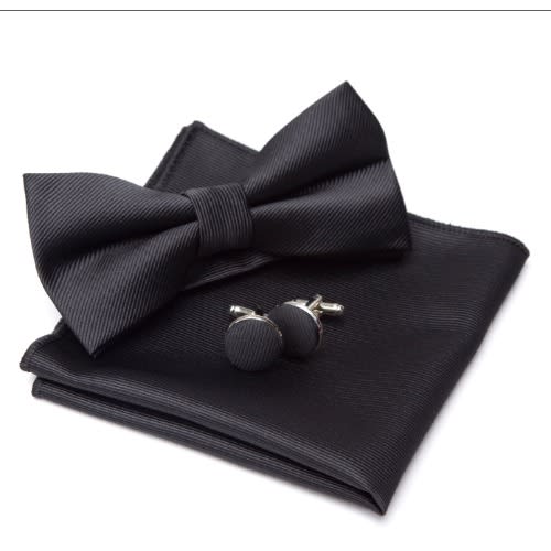 Plain Silky Bowtie With Cufflinks And Pocket Square  - Black