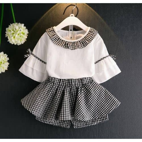 Girl's Trumpet Sleeve With Short Flare Skirt Combo - White & Grey