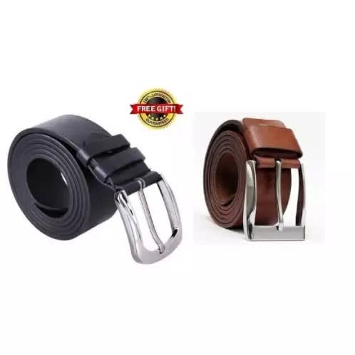 Set Of 2 Men's Genuine Leather Belt - Black & Brown + Free Gifts