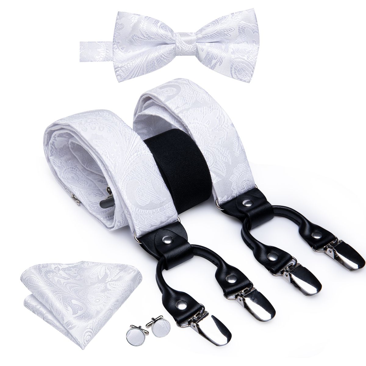 Jacquard Silk Mens Suspenders Set Blue Black Flower 4PC 6 Clips Male S