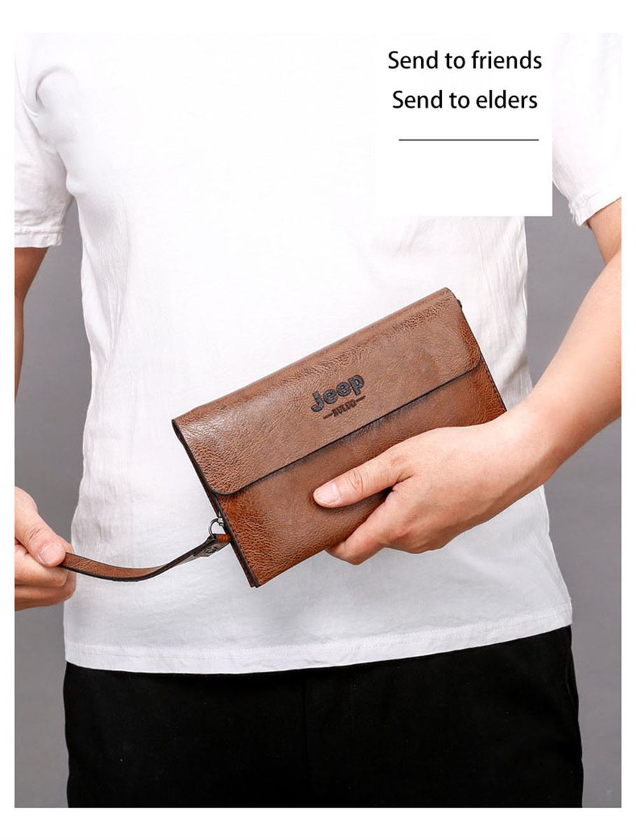 New Design Multi-Function Waterproof Coffee Brown Leather Clutch