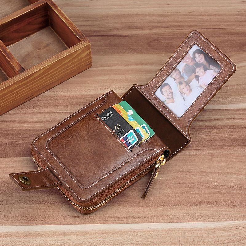Men's Zipper Multi Card Function Buckle Short Wallet - Brown