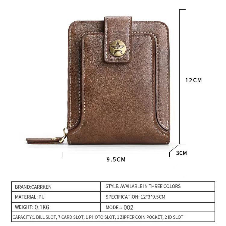Men's Zipper Multi Card Function Buckle Short Wallet - Brown