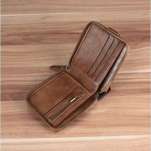 Men's Zipper Multi Card Function Buckle Short Wallet - Brown