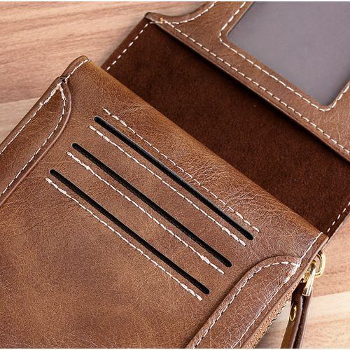 Men's Zipper Multi Card Function Buckle Short Wallet - Brown