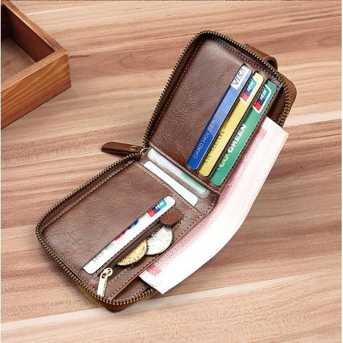 Men's Zipper Multi Card Function Buckle Short Wallet - Brown