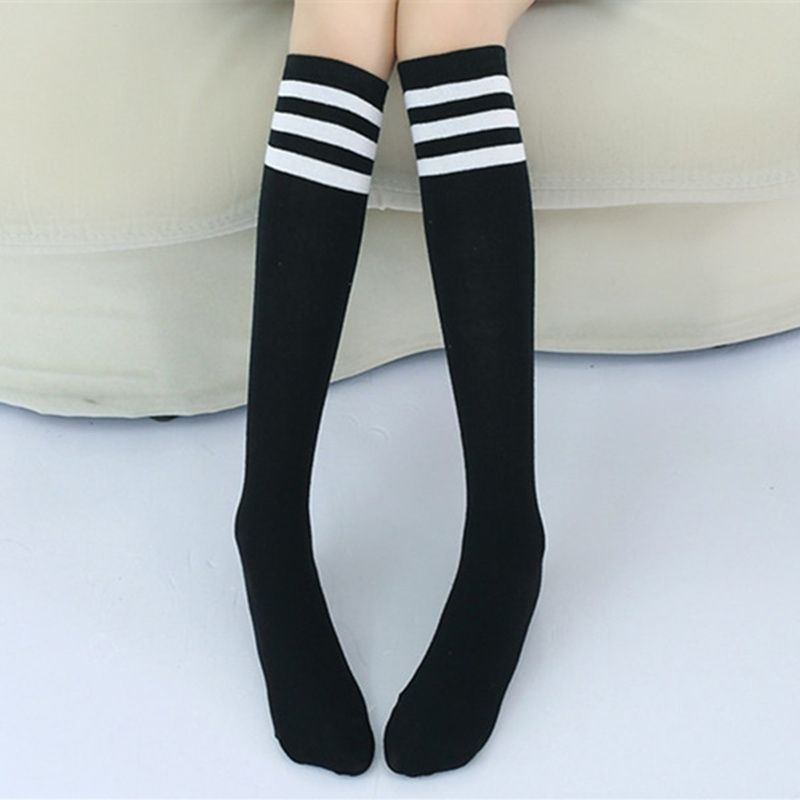 High Knee Socks Stripes Cotton Sports School Skate Long Socks For Kids(White+Black Strip)