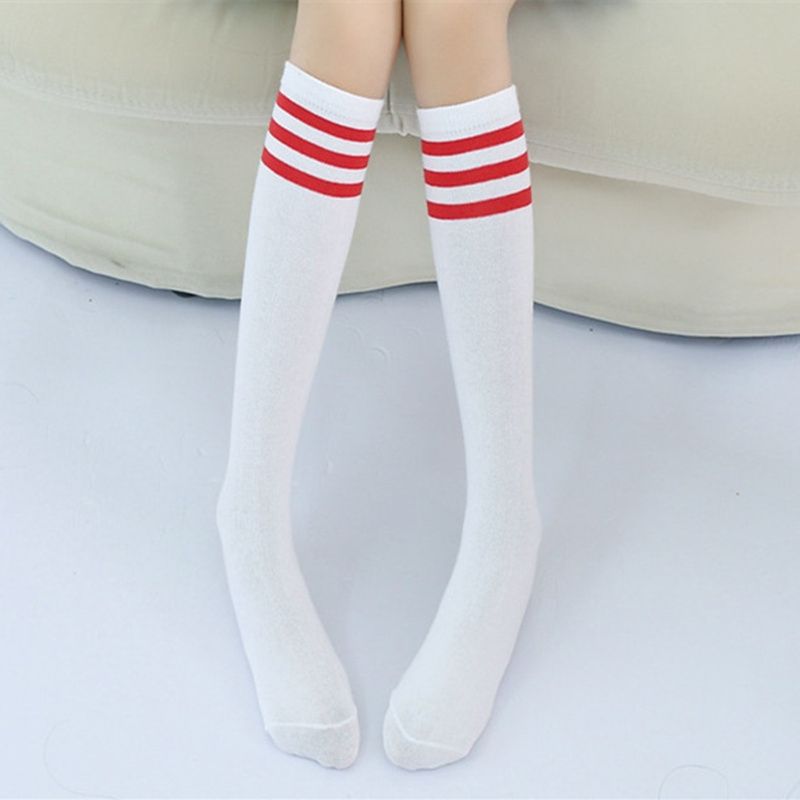 High Knee Socks Stripes Cotton Sports School Skate Long Socks For Kids(White+Black Strip)