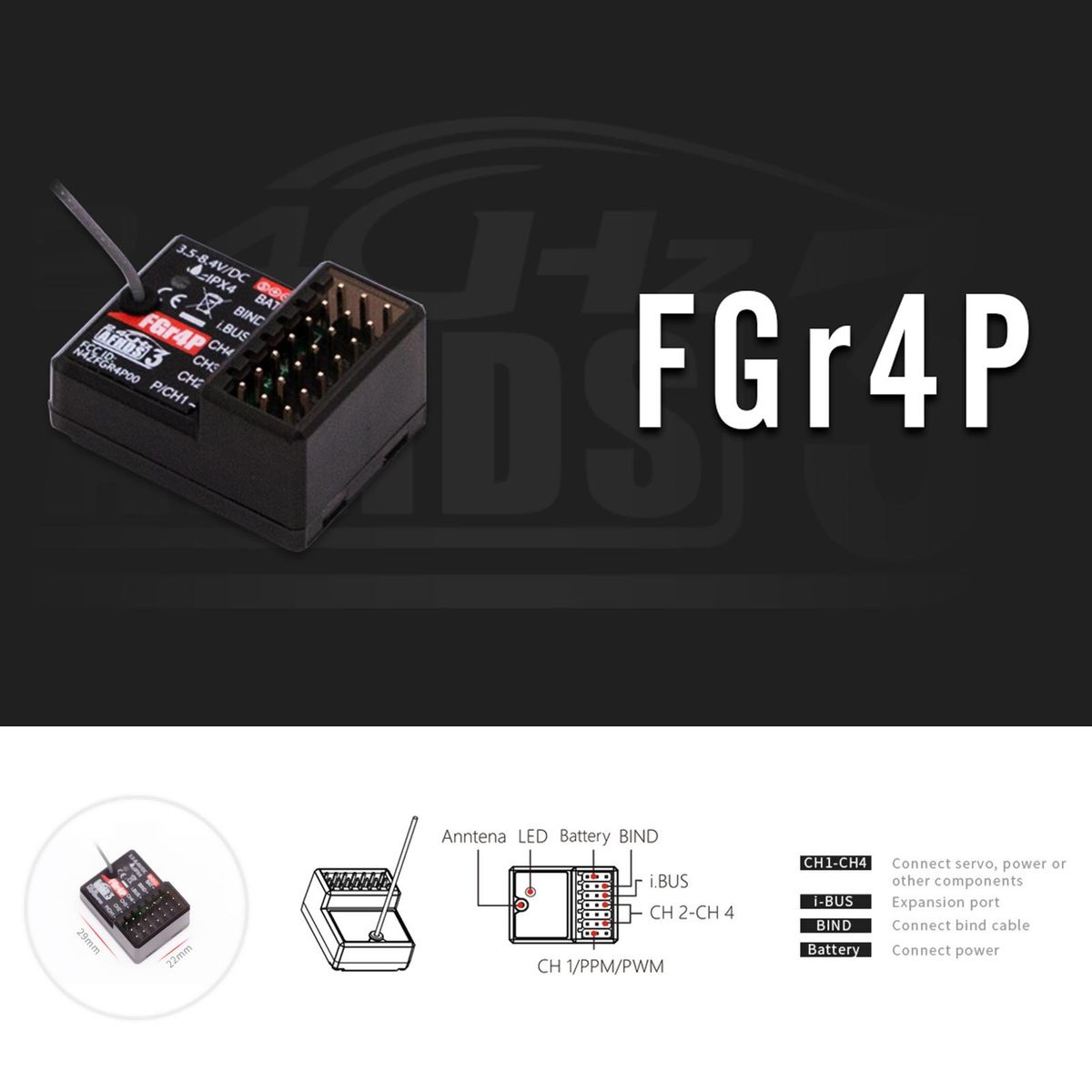 FlySky FGR4P 2.4GHz 4CH AFHDS 3 RC Receiver PWM/PPM/I.bus/S.bus Output for FSG4P Transmitter RC Car Boat