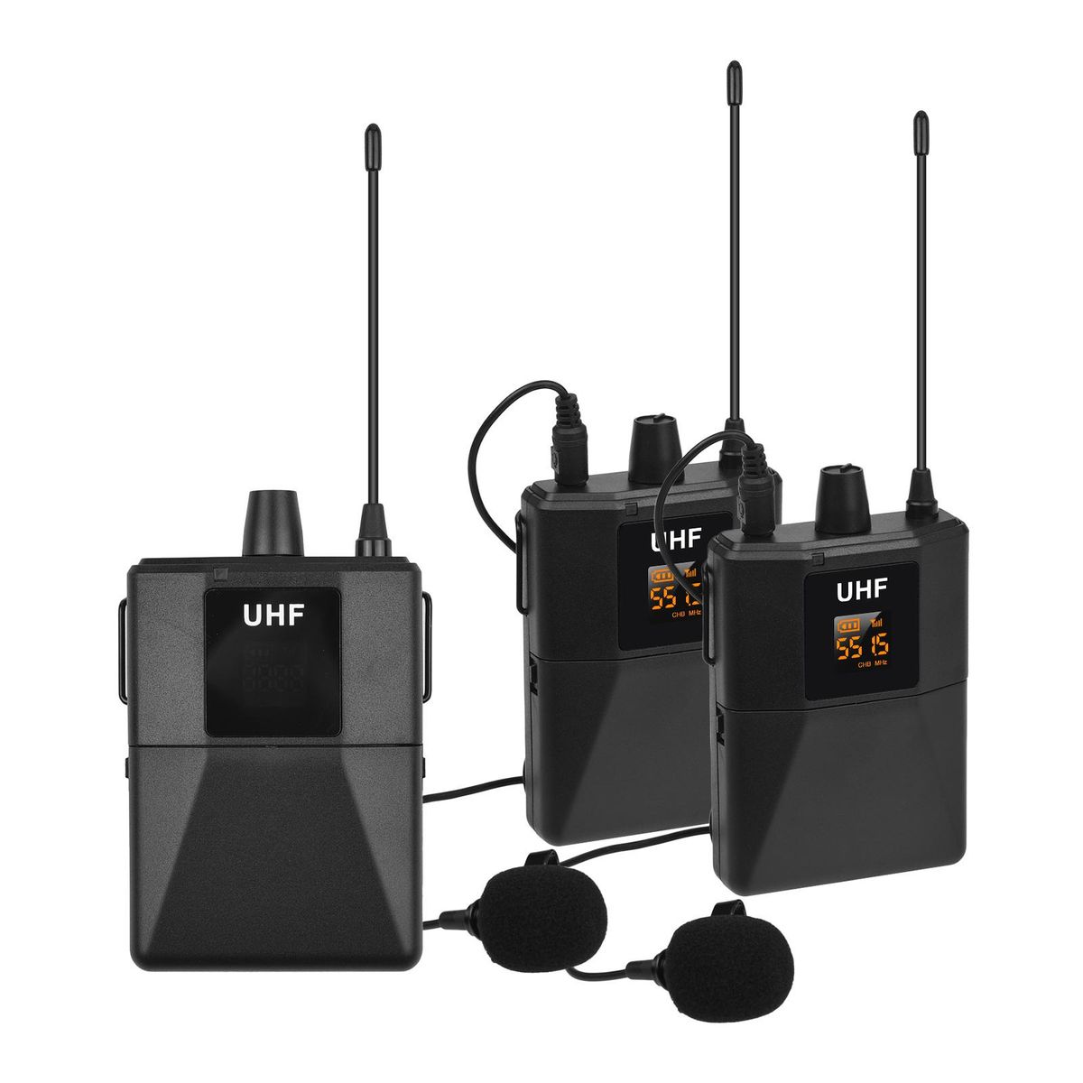 UHF Wirless Microphone System with 2 Body-pack Microphone Transmitters Receiver for Smartphone Camera Video Recording Interview Broadcast