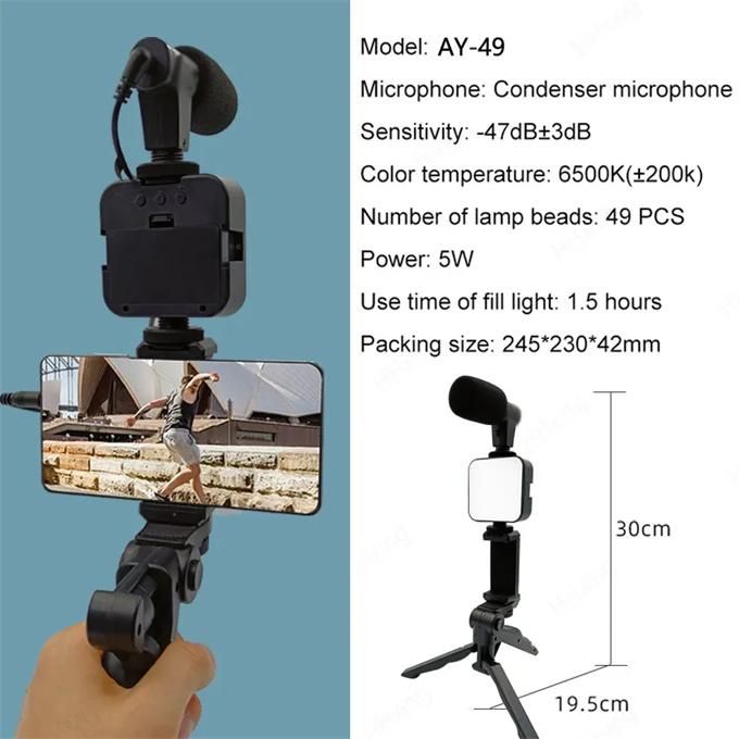 Smartphone Vlog Kit Mini LED Video + Cardioid Microphone + Expandable Phone Clip + Tripod for Live Vlogging Video Shooting
