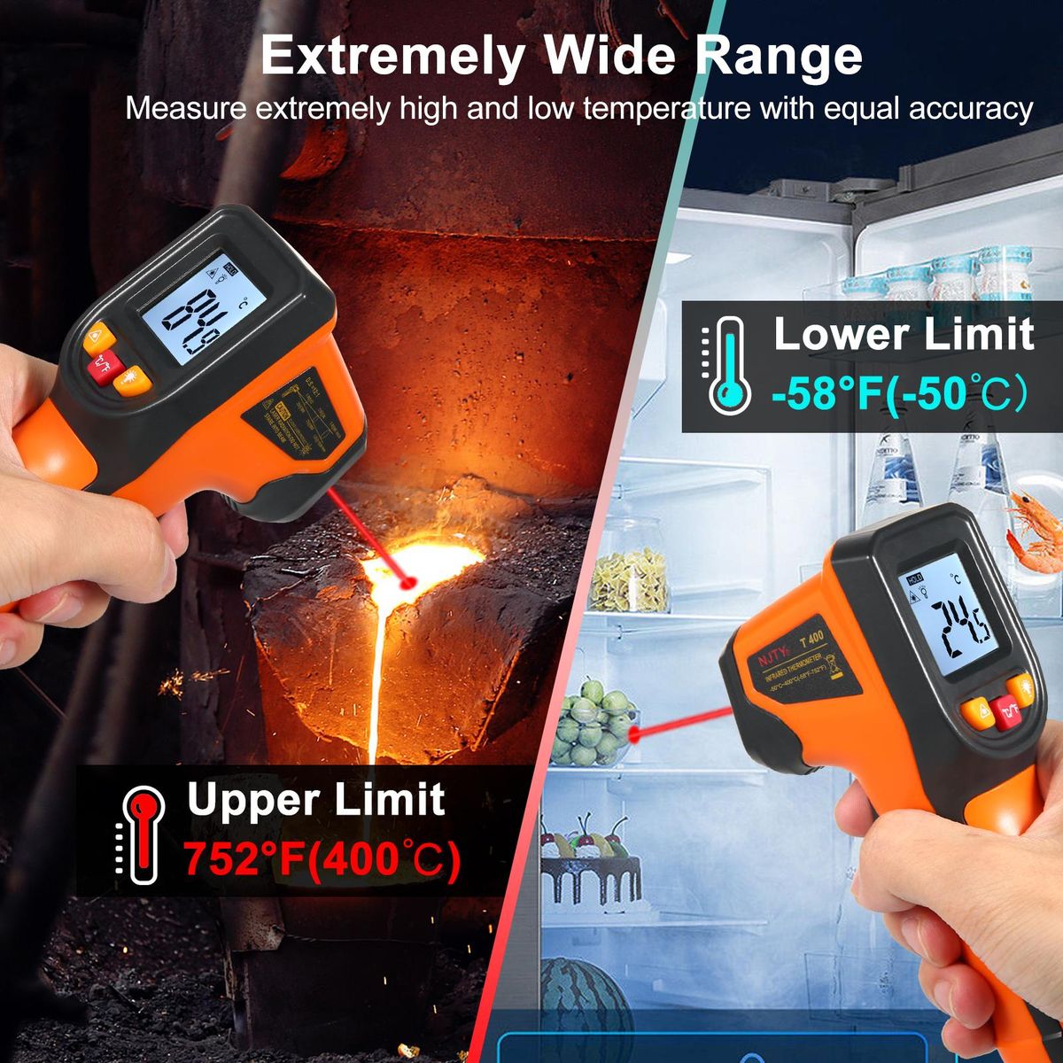 NJTY Infrared Thermometer Non-Contact Digital Temperature Gun -50°C~400°C (-58°F~752°F) IR Thermometer for Industrial, Kitchen Cooking, Automotive, Not for Human Body Temp