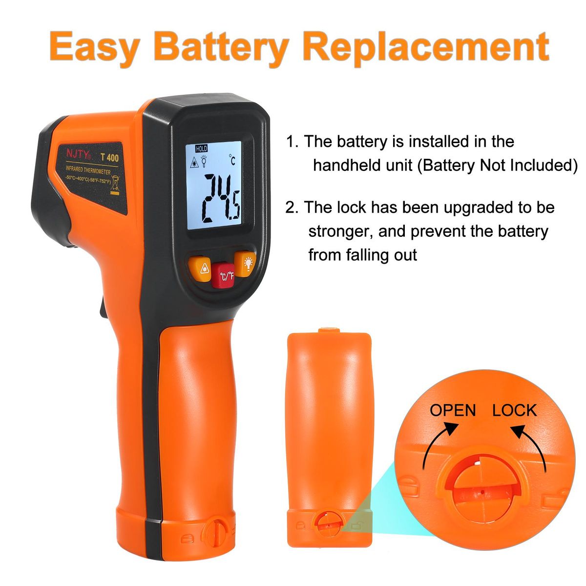 NJTY Infrared Thermometer Non-Contact Digital Temperature Gun -50°C~400°C (-58°F~752°F) IR Thermometer for Industrial, Kitchen Cooking, Automotive, Not for Human Body Temp