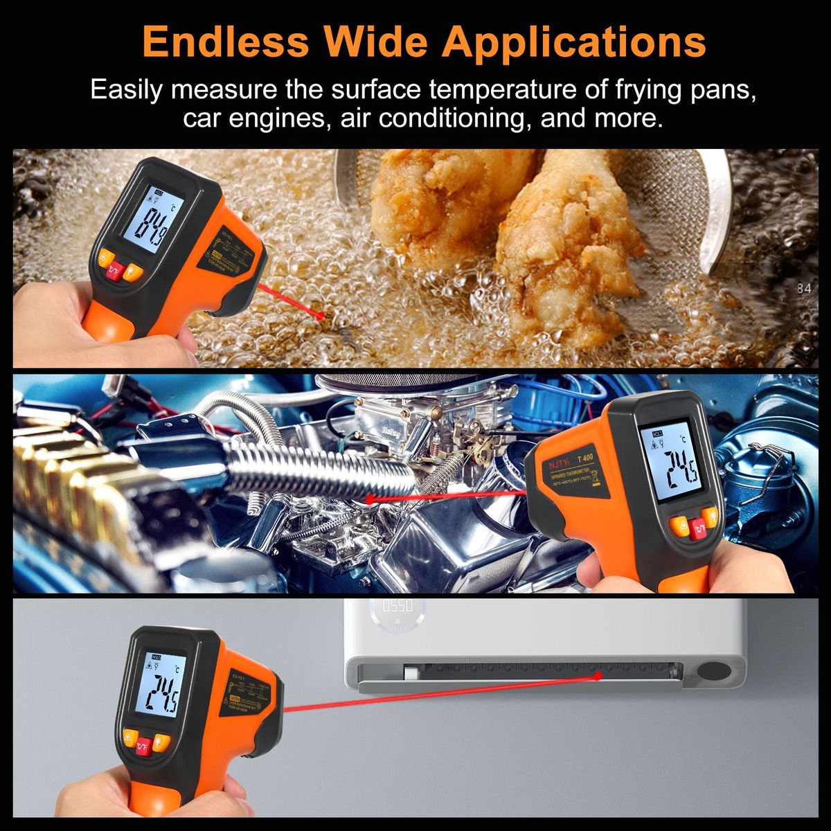 NJTY Infrared Thermometer Non-Contact Digital Temperature Gun -50°C~400°C (-58°F~752°F) IR Thermometer for Industrial, Kitchen Cooking, Automotive, Not for Human Body Temp