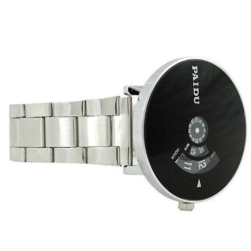 Stainless Silver Band PAIDU Quartz Wrist Watch Black Turntable Dial Mens Gift