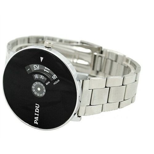 Stainless Silver Band PAIDU Quartz Wrist Watch Black Turntable Dial Mens Gift
