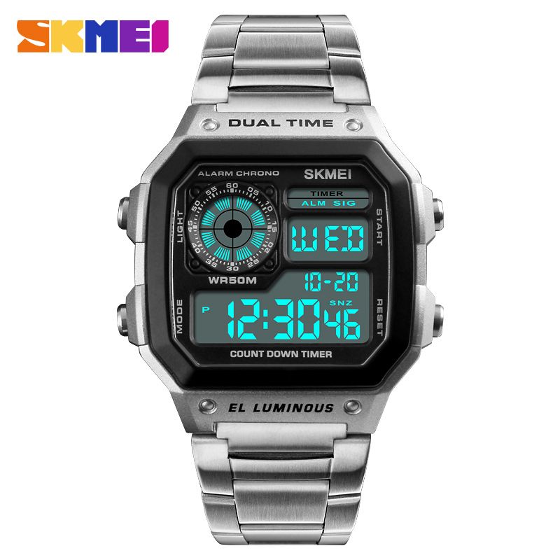 Mens Wrist Watch Sport 5Bar Waterproofes Stainless Steel Strap Digital Watch