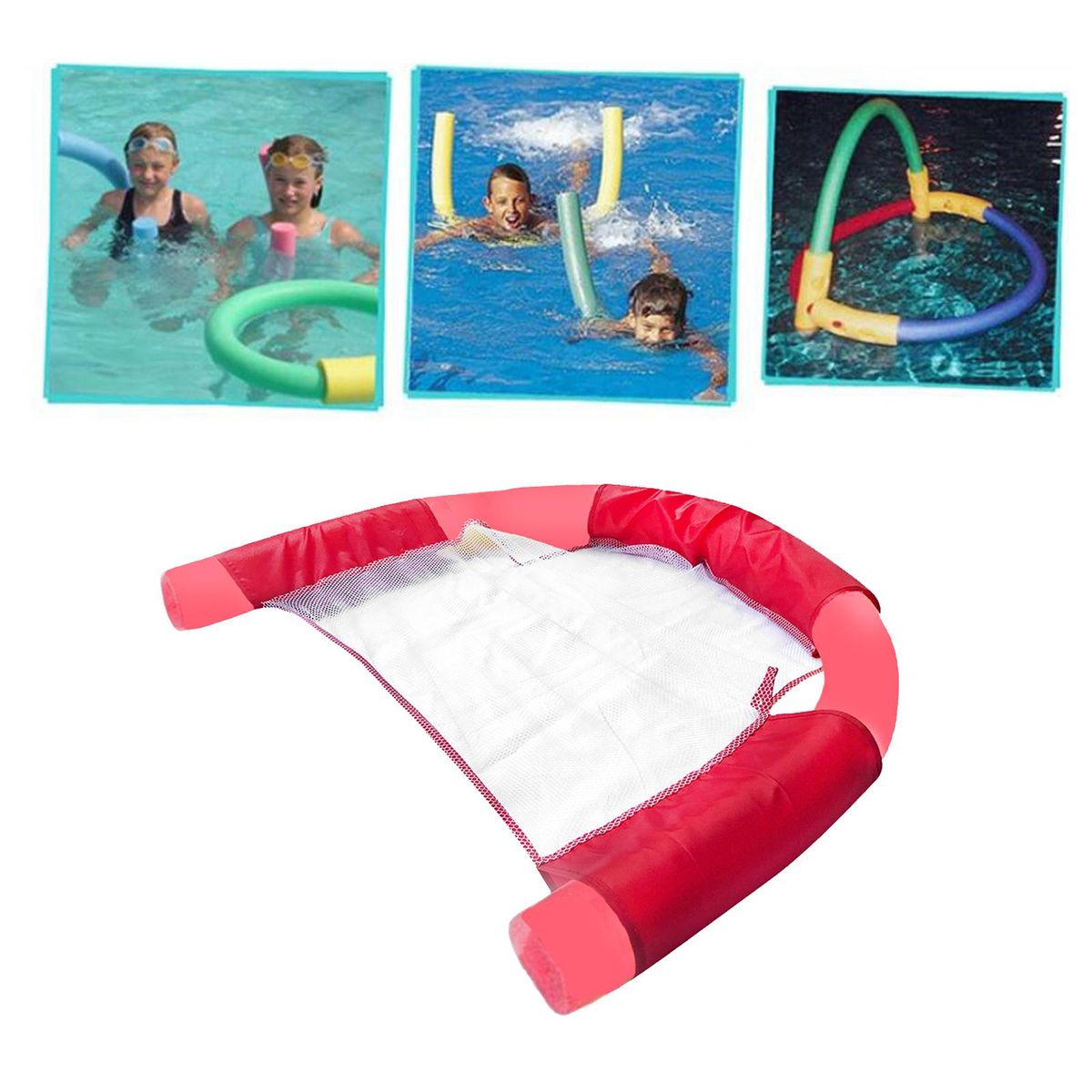 Portable Floating Noodle Chair Sling Mesh Seat Beach Pool Red 7x130CM