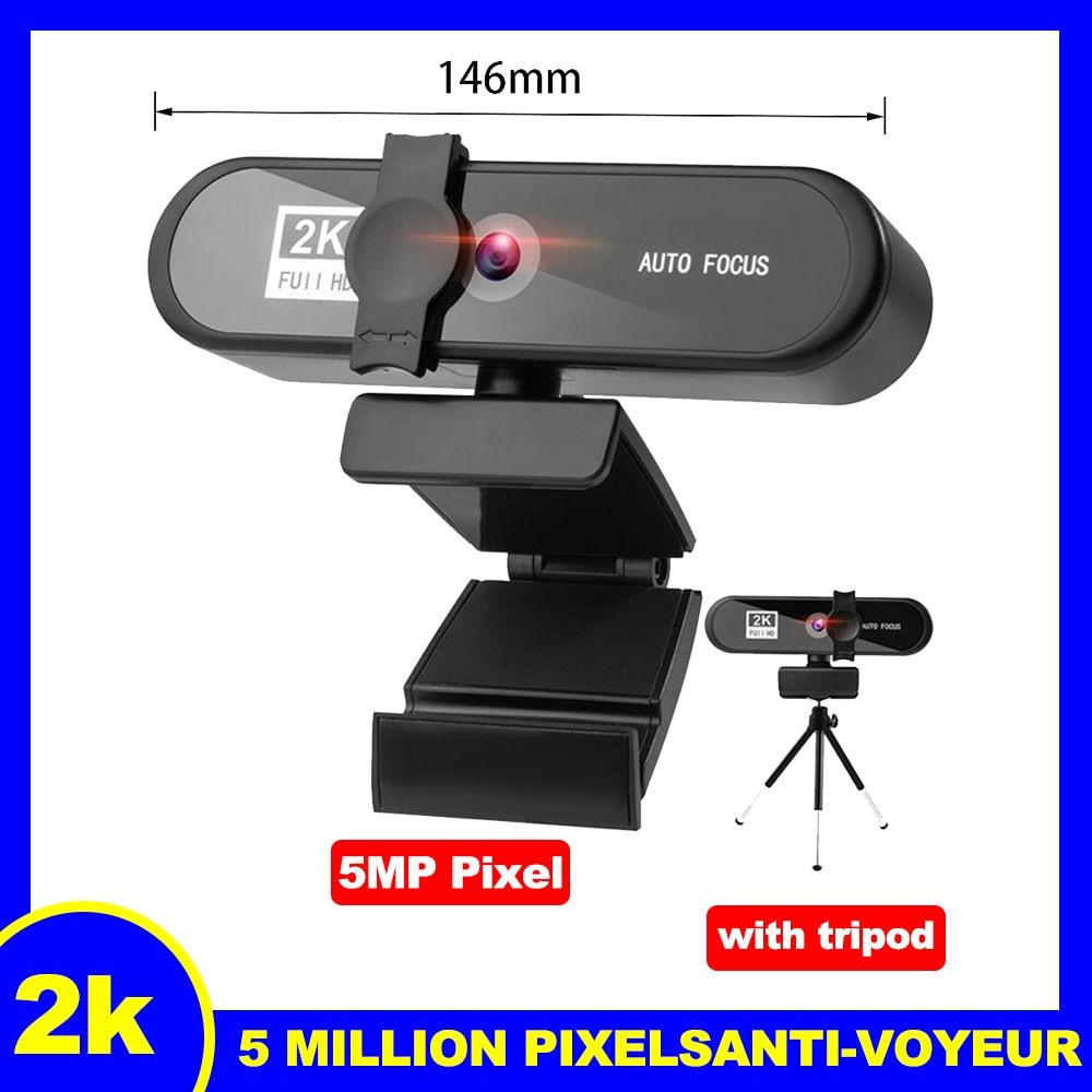 Webcam Full HD Mini Camera Webcam Autofocus Zoom 120° Live Streaming Widescreen Webcam Office Conferencing PC Camera 4 K-Black 2K