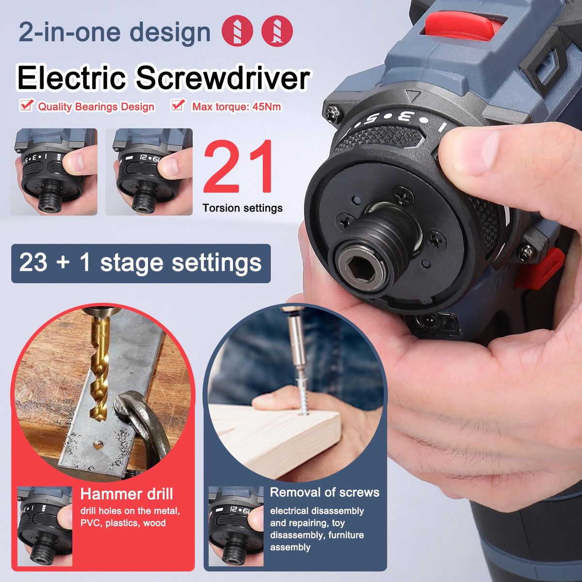 16.8V Multi-function Electric Screwdriver 45Nm Torque Brushless Motor Practical Screw Driver for Home Appliances Furniture Installation Automotive Electronics Repairing