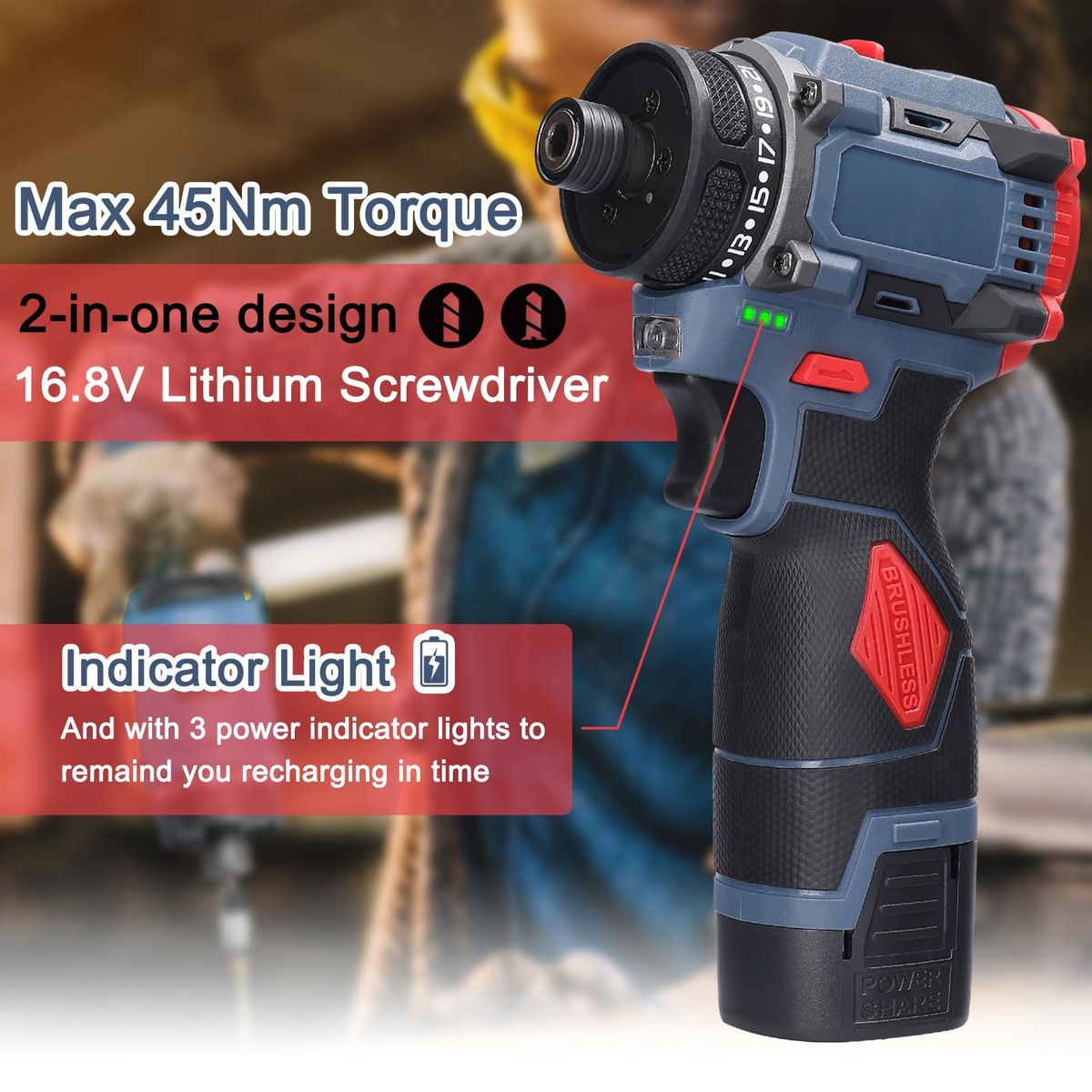 16.8V Multi-function Electric Screwdriver 45Nm Torque Brushless Motor Practical Screw Driver for Home Appliances Furniture Installation Automotive Electronics Repairing