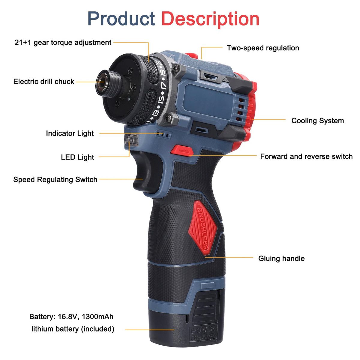 16.8V Multi-function Electric Screwdriver 45Nm Torque Brushless Motor Practical Screw Driver for Home Appliances Furniture Installation Automotive Electronics Repairing