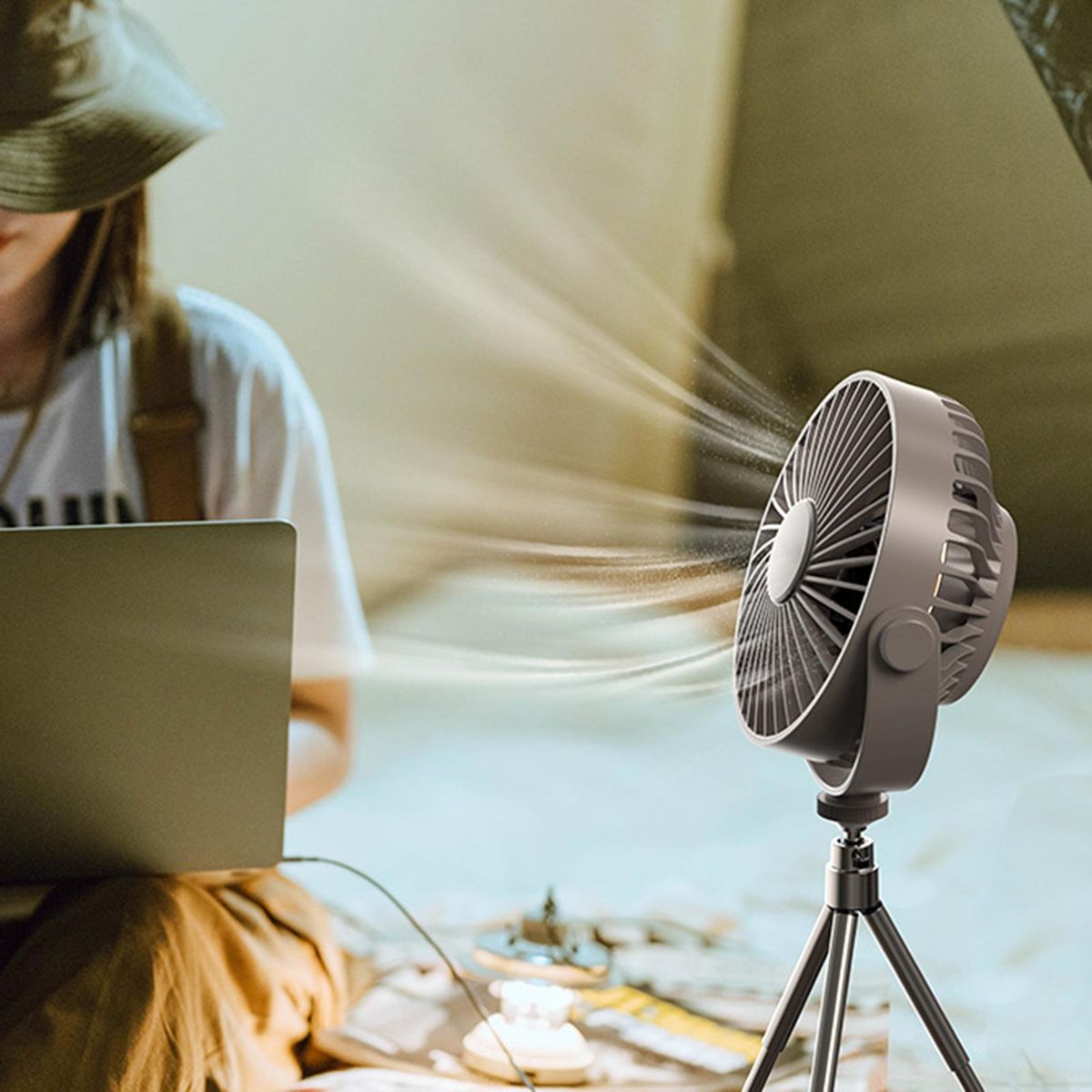 Camping Lantern With Fan Multifunctional Remote Control USB Grey