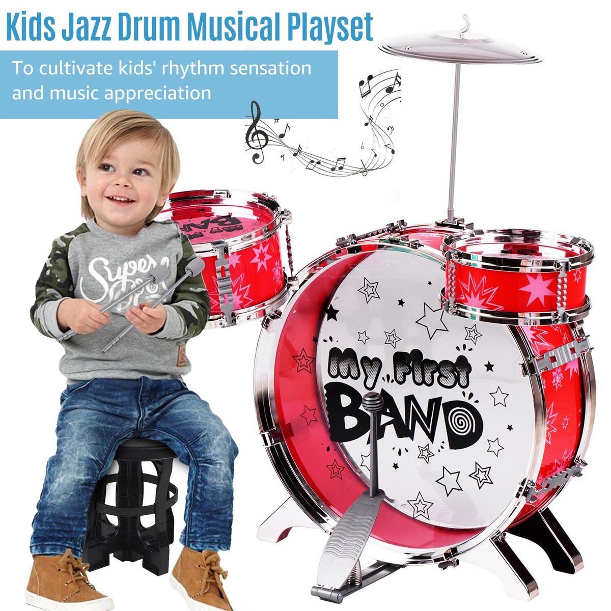 Children Kids Desktop Drum Set 3 Pieces Drums Musical Instrument Toy With Small Cymbal Drum Sticks