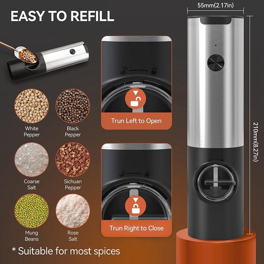 Rechargeable Electric Salt and Pepper Grinder Set USB Charging Stainless Steel Automatic Salt Spice Grinder Pepper