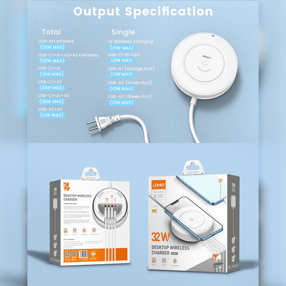 AW003 - 32W - Desktop Fast Wireless Charging Station With 4 USB