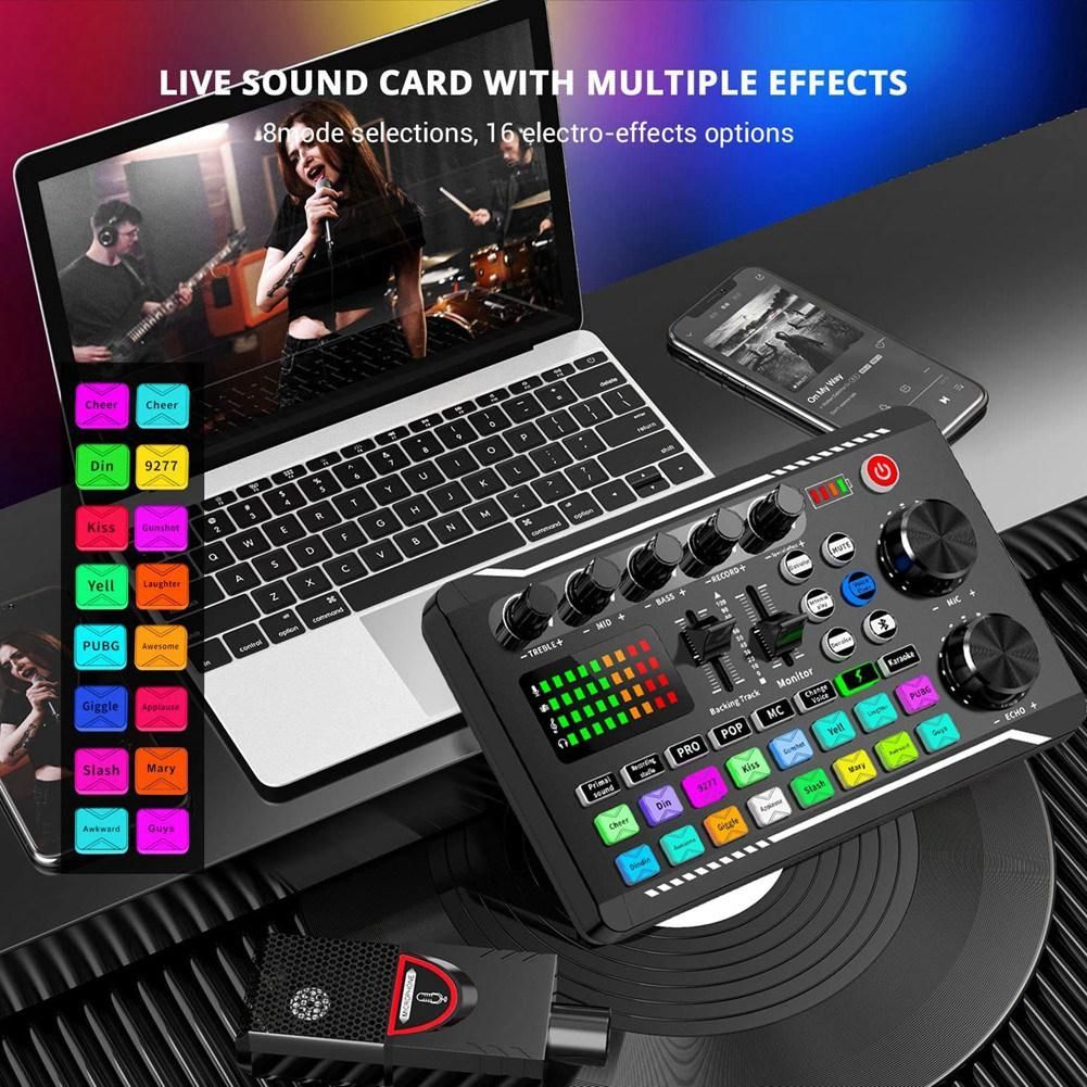 F998 Live Sound Card Audio Mixer Podcast, Voice Changer for