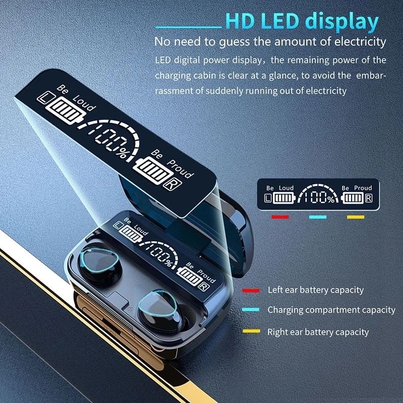 M10 Wireless Fingerprint Touch Bluetooth Headset Hifi 9D Stereo LED Charging Case Bluetooth Earphone Earbuds LED 2200mAH