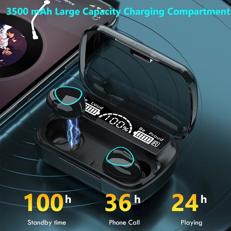 M10 Wireless Fingerprint Touch Bluetooth Headset Hifi 9D Stereo LED Charging Case Bluetooth Earphone Earbuds LED 2200mAH