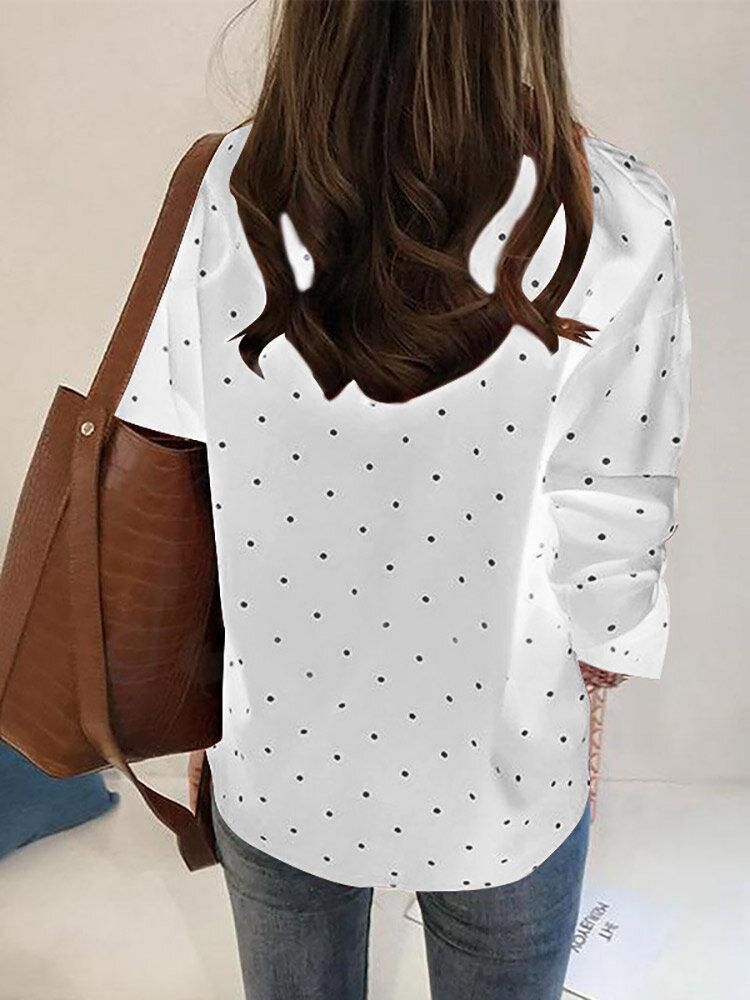 Dot Print Button Long Sleeve Lapel Blouse For Women