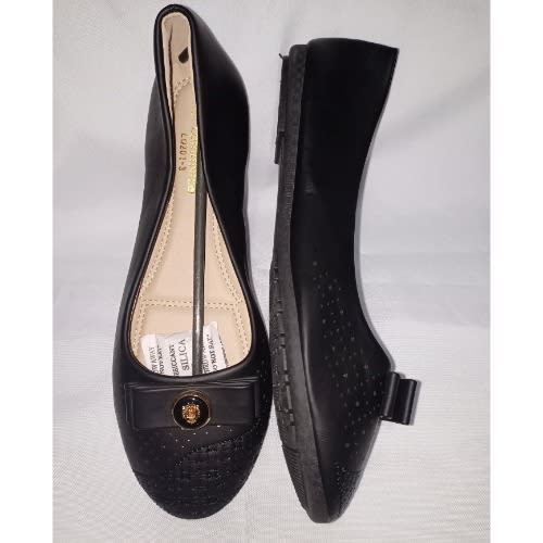 Embroided Stock Leather Female Flat Office Shoe- Black