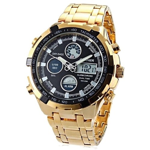 Men's Water Resistant LCD Wrist Watch- Gold & Black