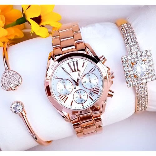 Rose Gold Wrist Watch + 2 Matching Bracelet