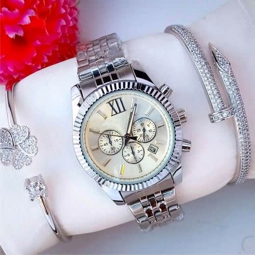 Bezel Exotic Wrist Watch + 2 Bracelets For High Flying Queens - Silver