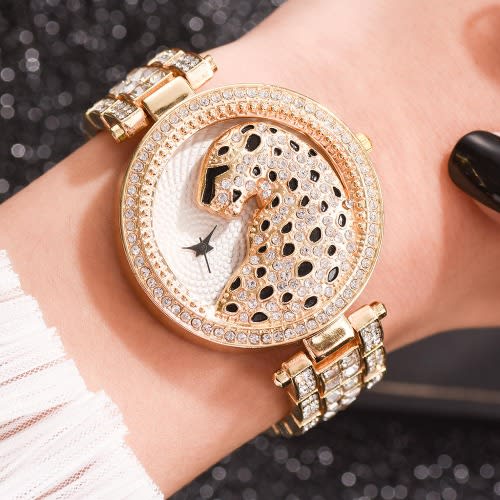 Rhinestone Embossed Leopard Women Wrist Watch - Rose Gold