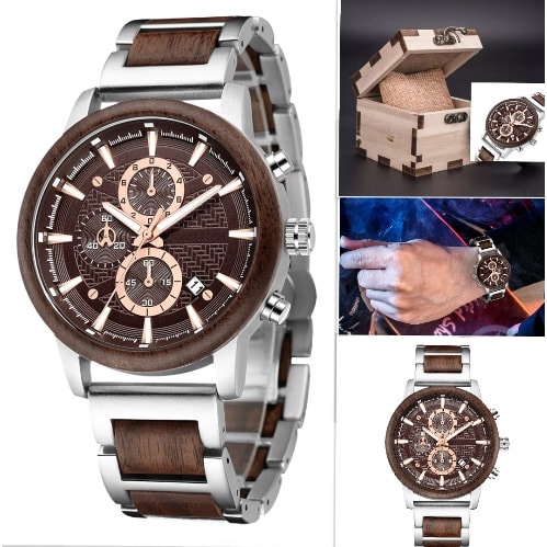 Wooden Watch Stainless Steel Luminous Watch Quartz Water Resistant With Wooden Box, Fixing Tool