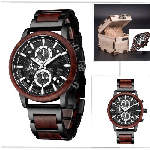 Sandalwood Wooden Watch Stainless Steel Luminous Quartz Water Resistant With Wooden Box, Fixing Tool