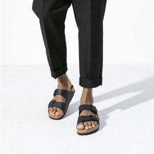 Unisex  Black Leather Cork Two Buckle Slippers