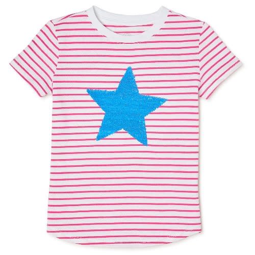 Girls Embellished Sequin Short Sleeve T-shirt – Pink Star