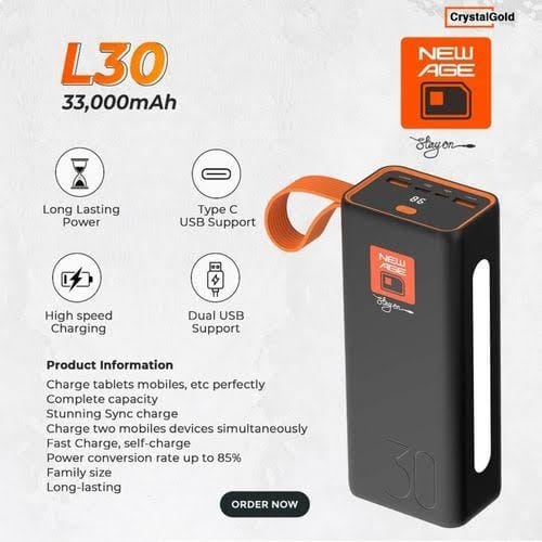New Age Power & Flash Light Powerbank - 33000mAh