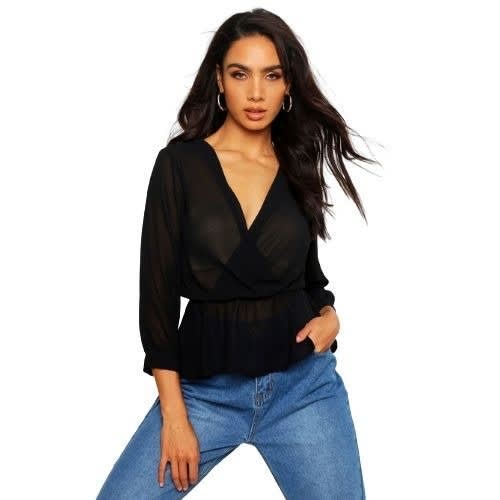 Basic Female Wrap Peplum Top In Black Bundle (20pcs)