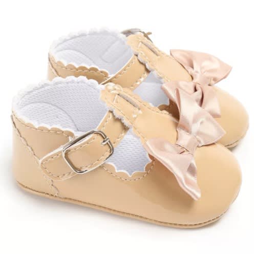 Newborn Baby Girls T-bar Party Bowknot Shoes - Beige