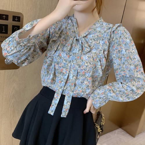 Floral Side Frill Blouse - Blue
